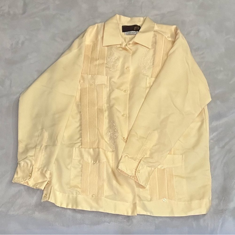 Cream/Yellowish Button-Up Long Sleeve Guayabera Shirt
